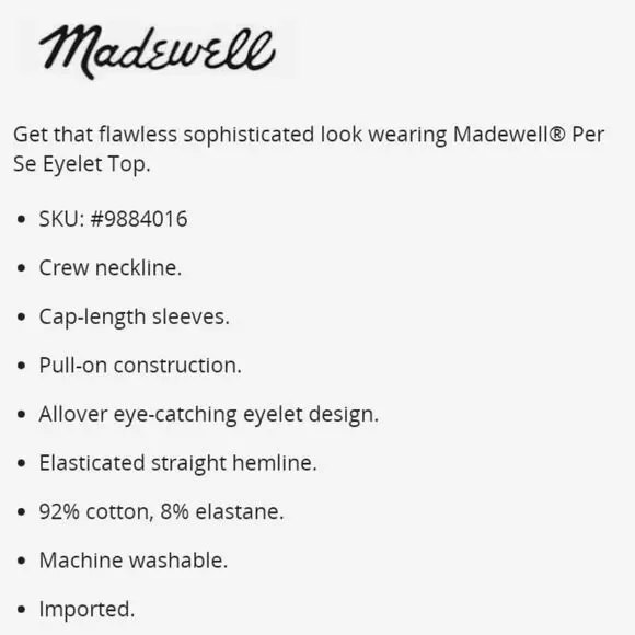 Madewell Women's Per Se Eyelet Top Cotton Rust Color Cap Sleeves Elastic… - Picture 12 of 13